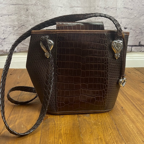 Brighton brown leather croc print shoulder bag with silver tone hardware - Picture 1 of 8